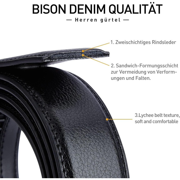 Чоловічий шкіряний ремінь BISON DENIM з автоматичною пряжкою - для ділового стилю, ширина 35 мм (чорний, 130 см)
