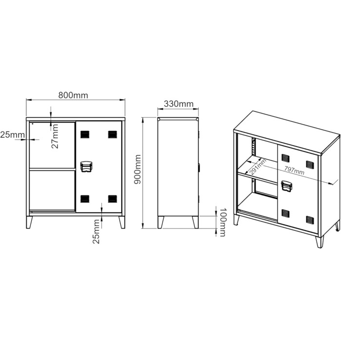 Металевий шафа [en.casa] Oripää для вітальні, офісу та майстерні, 90x80x33 см, з 2 дверцятами і регульованою полицею, сіро-блакитна