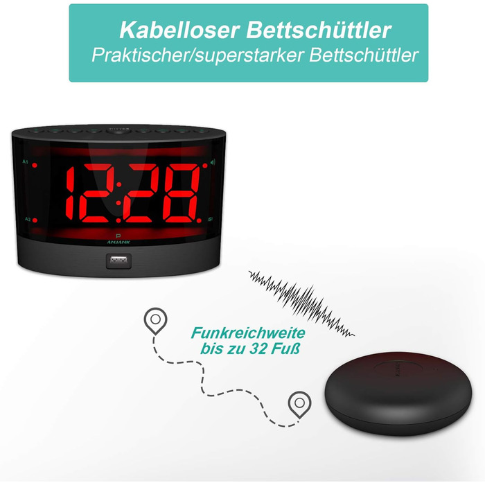 ANJANK Very Loud Alarm Clock with Wireless Vibration, Bed Shaker for Deaf/Hard of Hearing/Deep Sleepers, Dual Alarm, Dimmer, Battery Backup, USB Charger, Large Digital LED Display