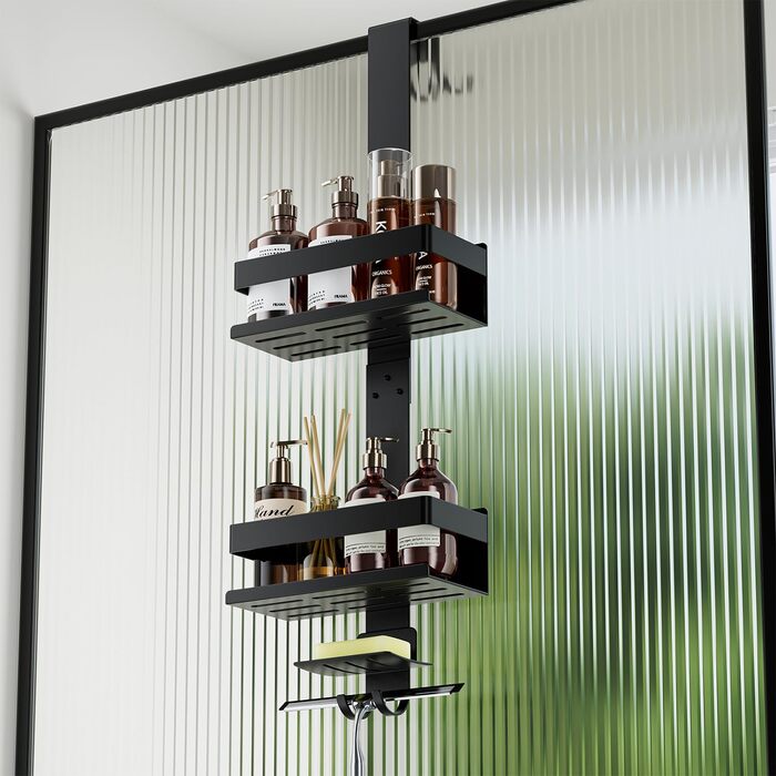 Поличка для душу без свердління, органайзер для ванної кімнати, чорна. Регульована поличка для шампуню та аксесуарів.