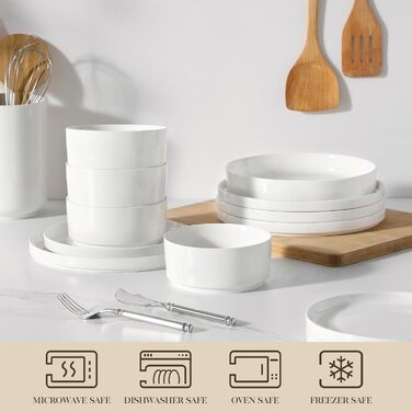 MALACASA, Leah Series, Dinnerware Set for 4 People, 12-Piece Porcelain Tableware Set Combination Set White, Dishware with Raised Edge consisting of 4x Dinner Plates, 4x Dessert Plates, 4x Cereal Bowls White, 12-Piece