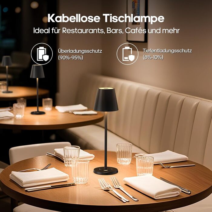 Світлодіодна настільна лампа 3-в-1 бездротова з акумулятором 5500mAh, регульована висота, димування, 3 кольори світла - USB акумуляторна настільна лампа металева водонепроникна сенсорна для дому та вулиці, чорна (набір 2 шт.)