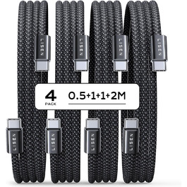 Набір USB-C кабелів LISEN 60W (4 шт.): 0.5м, 1м, 1м, 2м. Підтримка PD 3.0. Сумісний з iPhone, Switch, Samsung, Pixel, MacBook, iPad, Xiaomi. Чорний.