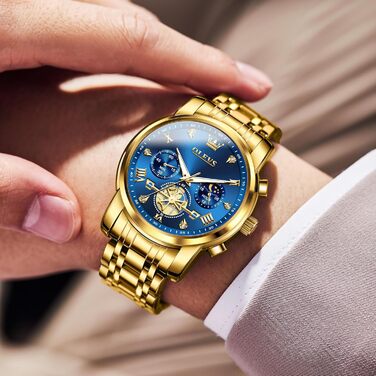 Годинник чоловічий OLEVS з металевим ремінцем, кварцовий, з місячною фазою, хронограф, водостійкий (2856 Blue / Gold)