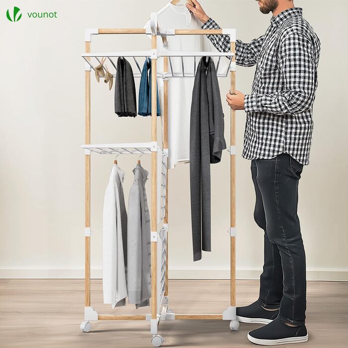 Сушарка для білизни VOUNOT Tower 3 рівні, складана, біла, з колесами - 25м, імітація дерева