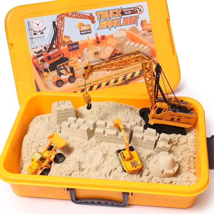 Tacobear Construction Site Magic Sand Case Sensory Toy Gifts Boy 3-8 Years with 1kg Kinetic Sand, Crane Toy, 5 Mini Vehicles & 14 Sand Molds, Sand Play Toy, Magic Sand Gift for Kids