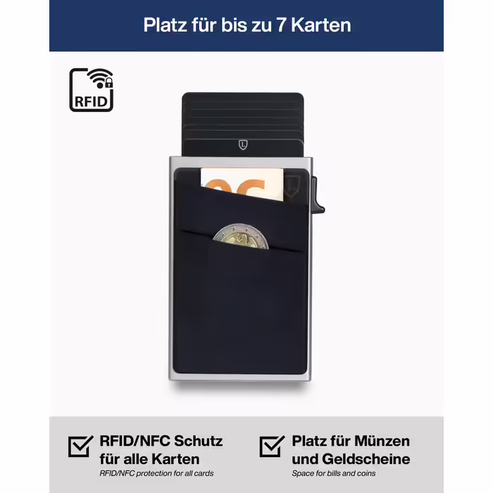 Cardon Wallet - Mini Card Holder with Money Pocket and Space for up to 7 Credit Cards - Minimalist – Card Holder made of real Aluminum with RFID Protection - Gift Box | (Gray)