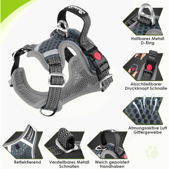 Шлейка для собак маленьких та середніх порід, Air Mesh дихаюча, з м'якою ручкою та замикаючими карабінами, анти-вислизаюча, світловідбиваюча, для цуценят (Сірий, M)