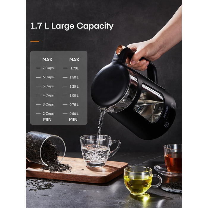 Electric Kettle with Temperature Control - 1.7L Glass Kettle with Keep Warm Function, 2200W Fast Boil, Auto Shut-Off & Dry Boil Protection, 5 Color LED Lights - Black