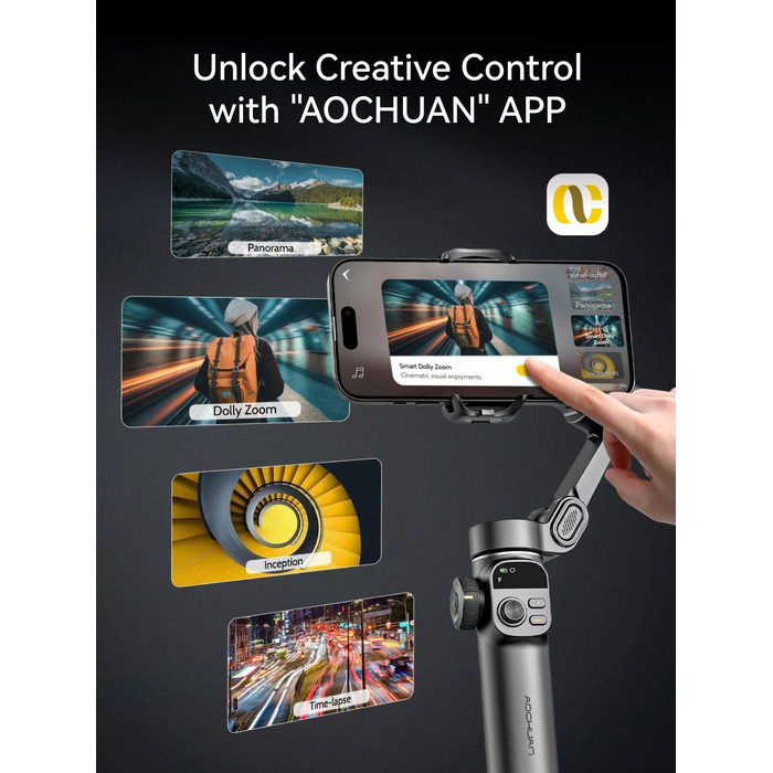 Стабілізатор для смартфона AOCHUAN X2: 3-осьовий гімбал з OLED-дисплеєм та 7.8-дюймовою штангою, чорний