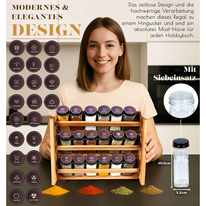 Elegant dark spice rack, wood standing & wall-mounted, 18 spice jars, 25 labels. Spice organizer, spice rack, kitchen shelf, wood, vintage. Spice rack - spice rack system hanging - spice storage (pine wood)