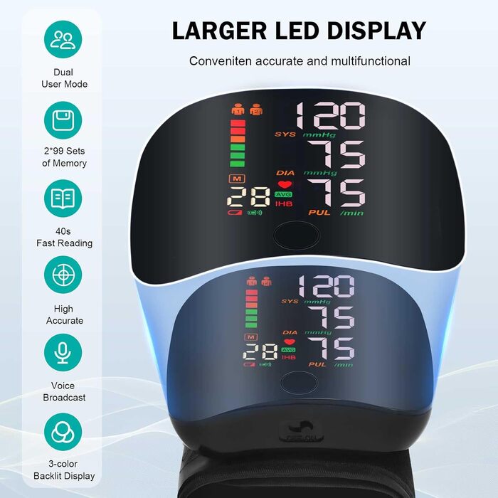 Автоматичний тонометр на зап'ясті з LCD-дисплеєм, регульована манжета, пам'ять на 99 вимірювань