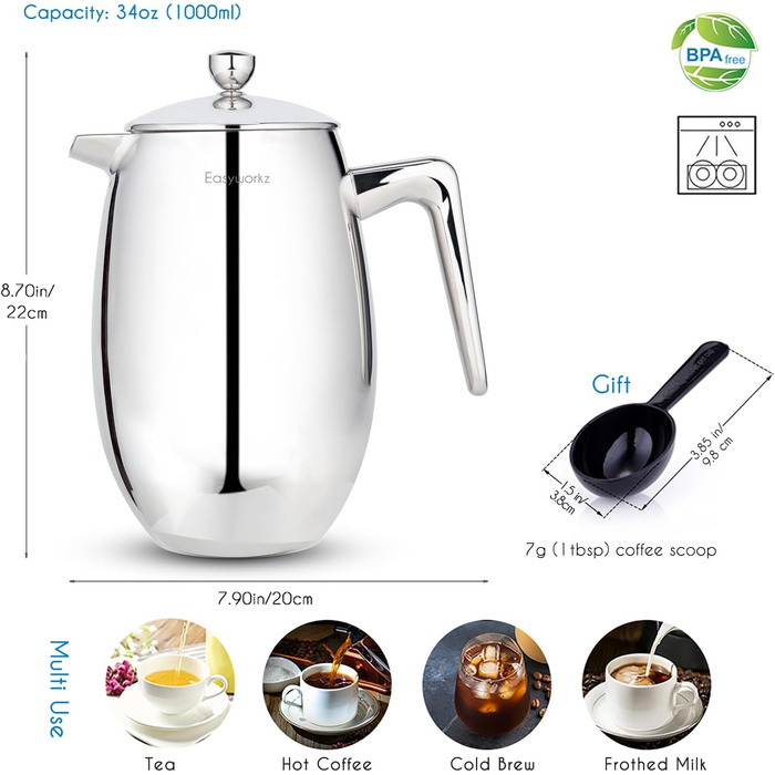 Easyworkz Nando French Press 1000ml Coffee Maker French Press, double-walled, insulated, Thermo Coffee Machine, 304 Stainless Steel