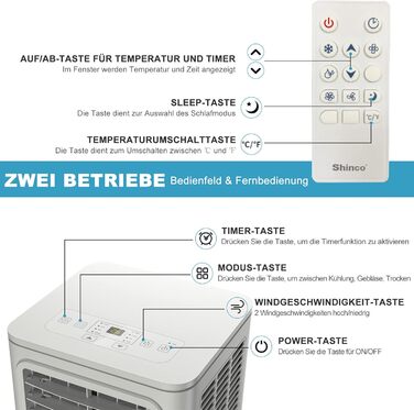 Мобільний кондиціонер SHINCO 3,5kW з випускним шлангом, охолодження/вентиляція/зневожування, для приміщень до 90 м³, білий (7000BTU-M)