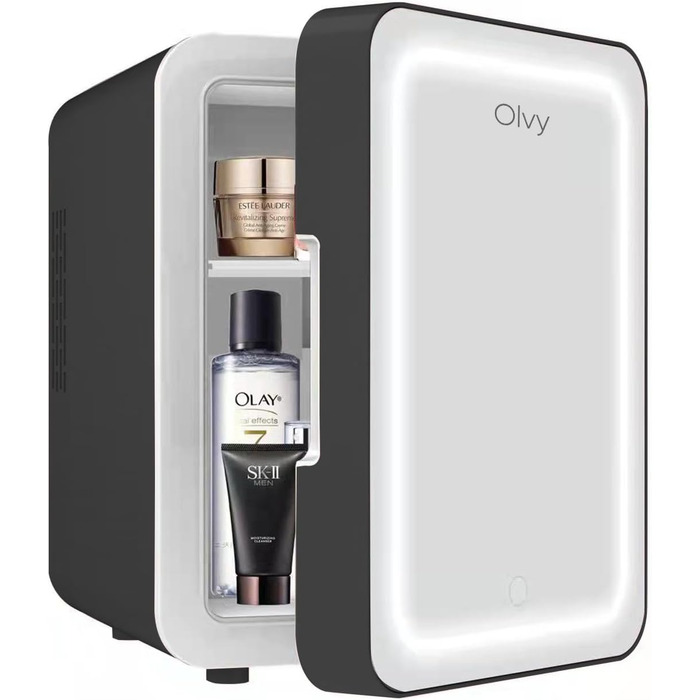 Olvy 4L Mini Skincare Fridge - Portable Beauty Cooler with LED Mirror - Hot & Cold for Bedroom & Office