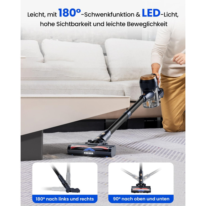 Proscenic P11 Lite 38kPa/400W Cordless Vacuum Cleaner - Lightweight, 40-Minute Replaceable Battery, LED Display, Pet-Friendly, Suitable for Carpets/Hard Floors, Black-Gold