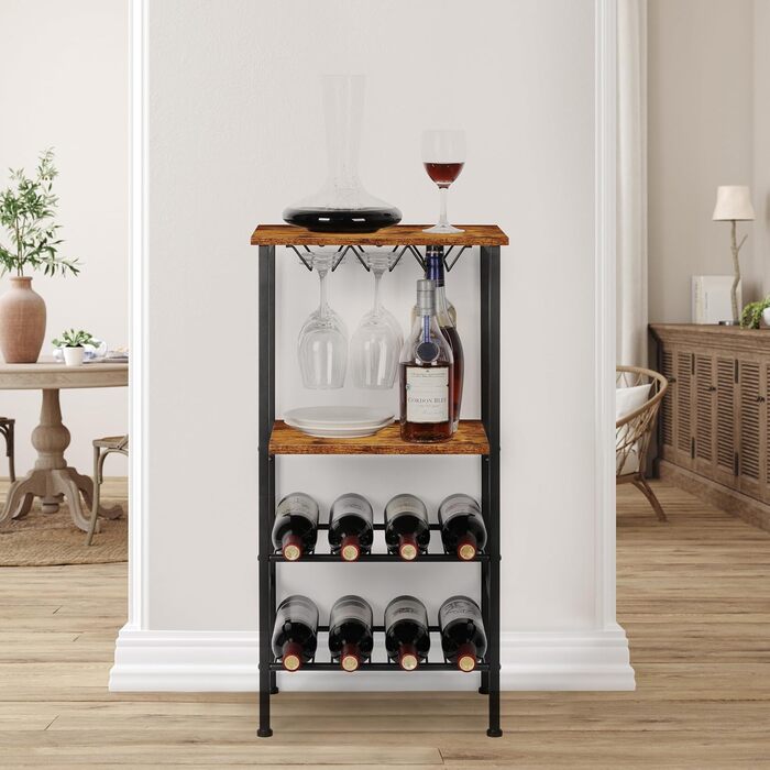YBING Wine Rack, Freestanding, Floor Wine Bar Rack with Glass Holder and Tabletop, 8 Bottles, Wood Wine Tables with Shelves, 4 Tiers, Wine Bottle Organizer, Display Stand, Rustic Brown