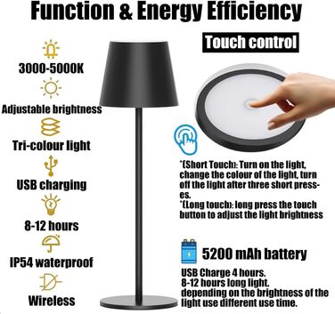Акумуляторна настільна лампа Vollmetall LED 5000mAh (2 шт) з бездротовою зарядкою, регульованою яскравістю та 3 режимами кольору для їдальні, спальні, готелю - Золото (Чорний)