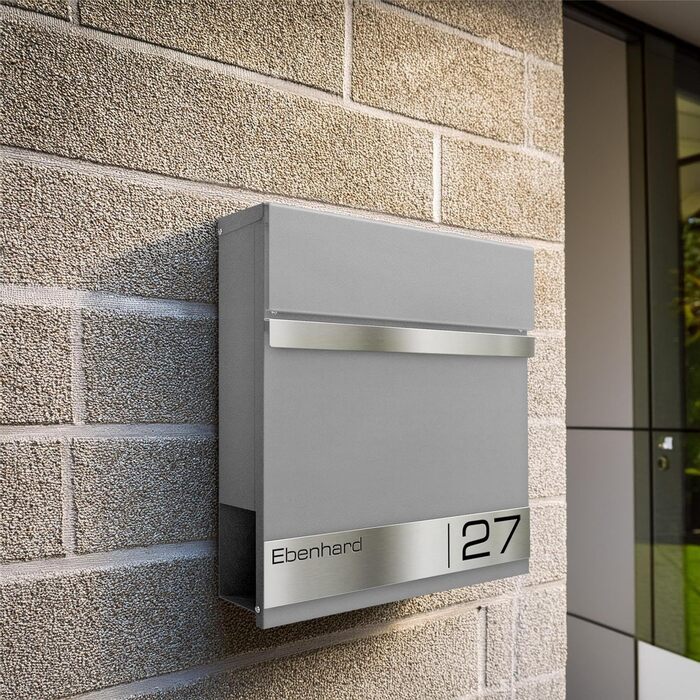 Поштова скринька Metzler Premium з газетницею Anthrazit, персоналізована з табличкою для імені, високоякісна настінна з нержавіючої сталі V2A з порошковим покриттям RAL 7016, модель Stencil (сірий алюміній)