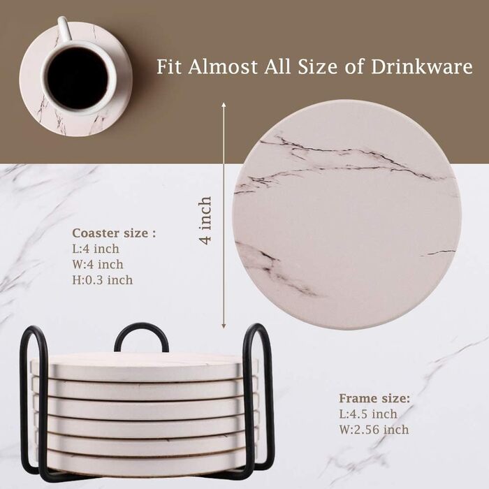 Coasters for Drinks, Absorbent Ceramic Stone Coasters Set with Metal Holder Stand, Cork Base, Marble Surface Pattern, Cup Placemats for Home Decor, Set of 6 - White