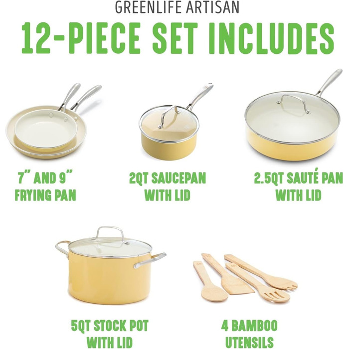 Набір посуду GreenLife Artisan Healthy Ceramic Nonstick, 12 предметів, з нержавіючою сталі, без PFAS, придатний для миття в посудомийній машині, для духовки, жовтий