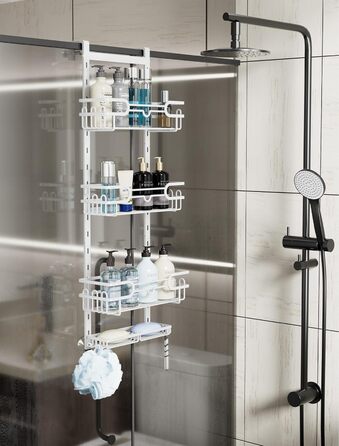 HapiRm Shower Shelf - Hanging Shower Rack Adjustable with 4 Shower Baskets, Shower Shelf No Drilling with Soap Dish and Hooks, Shower Shelf Over the Door Glass Wall & Bathroom Door (White)