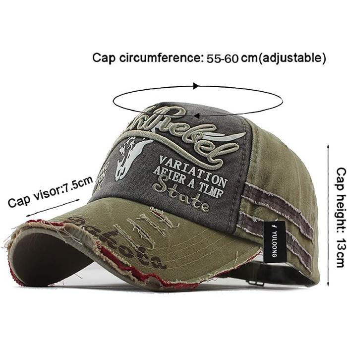 Кепка бейсболка Vintage Baumwolle з бавовни, випрасувана джинсова кепка з витертими краями, стильна кепка-тракер з вишивкою, класична спортивна кепка, кепка в стилі хіп-хоп, регульованого розміру для чоловіків та жінок, колір: хакі