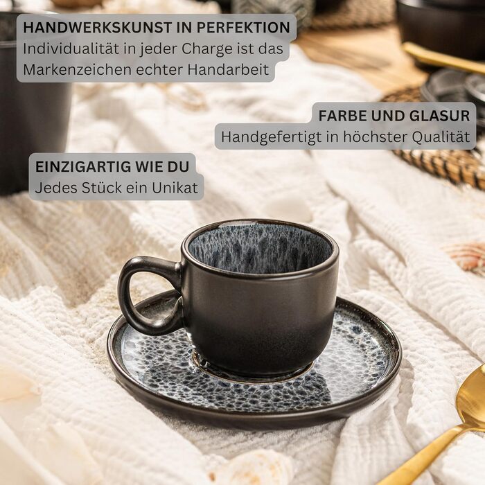 Набір еспресо-чашок SÄNGER Sydney (12 шт.) з порцеляни, набір чашок мокко для 6 осіб, чашки та блюдця, 80 мл, темно-сірий, стійкий до миття в посудомийній машині та мікрохвильовій печі