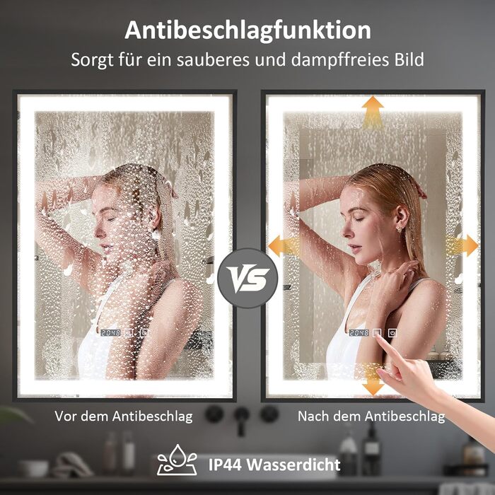 Дзеркало YOURLITE з підсвічуванням 70x50 см, LED дзеркало для ванної кімнати з годинником, сенсорне керування, 3 кольори світла, регулювання яскравості, антизапар, пам'ять, срібний (чорний-5070)