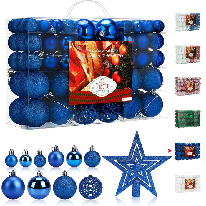 101 шт. блакитні ялинкові кулі Aitsite 6см/4см/2см, пластикові прикраси для ялинки, декор для дому, свята