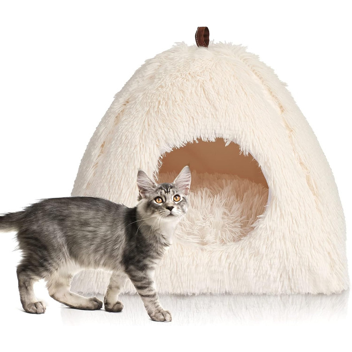 Cat Bed Washable Cat Sleeping Place for Cats Cat Cave Plush Pet Cat Head Pillow Cat House Cat Cushion Fluffy Kitten Puppy Snuggle Bed Pet Bed White