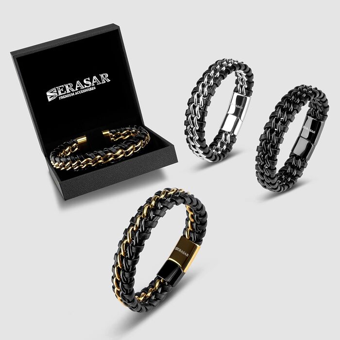 Чоловічий браслет SERASAR Premium з натуральної шкіри [Сталь] чорного кольору | Магнітна застібка з нержавіючої сталі чорного, срібного та золотого кольорів | У комплекті – скринька для ювелірних виробів | Чудова ідея для подарунка, 23 см, срібло