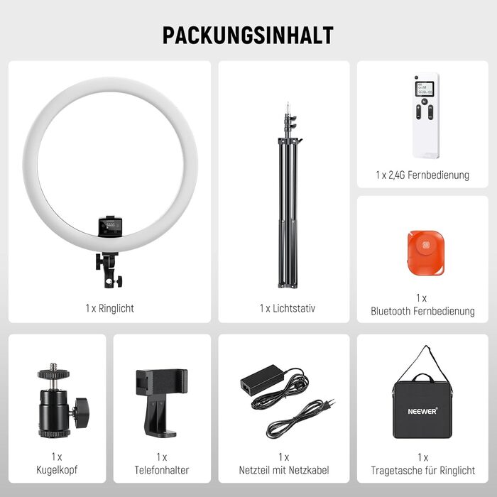NEEWER Кольцеве світло 20 дюймів LED з триподом та тримачем для телефону, 44 Вт, 3200K-5600K, з акумулятором, USB-живлення для макіяжу, тату, вій, YouTube, TikTok, відеозйомки (SRP18-2.4G)