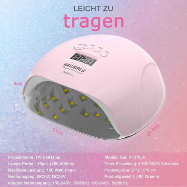 LED UV лампа для нігтів NAILGIRLS 150W з таймером, датчиком та LCD дисплеєм. Підходить для гель-лаку, пальців та нігтів. Рожевий колір.