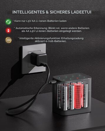 Акумулятори PHOTOOLEX AA Li-ion 1.5V 3000 mWh (8 шт.) — Потужні літієві батарейки з зарядним пристроєм та кейсом для зберігання