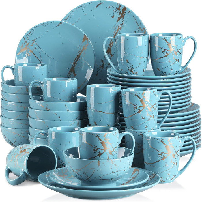 LOVECASA Сервіз столовий порцеляновий, Sweet 16-Piece Комбінований набір, 48-Piece Сервіз, дизайн з золотим напиленням, для 4-12 осіб, колір Aqua-fr-blue