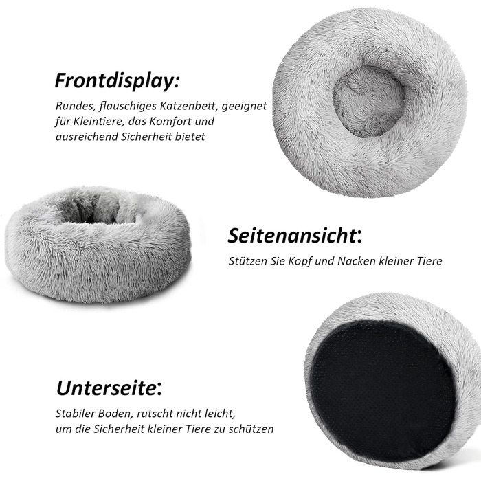 Кругле ліжко для собак та котів Caliyo, середнього розміру, 70 см (діаметр), світло-сіре, м'яке, знімний чохол, для прання та сушіння