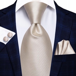 Шовковий жакардовий набір: краватка, затискачі для манжетів та кишенькова хустка, бежево-шампанський, весільний