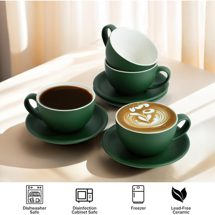 Набір кавових чашок Капучіно Yundu 4шт по 300мл - керамічні чашки з блюдцями, матові темно-зелені відтінки для лате-арту та бариста, великий набір мока чашок та блюдець