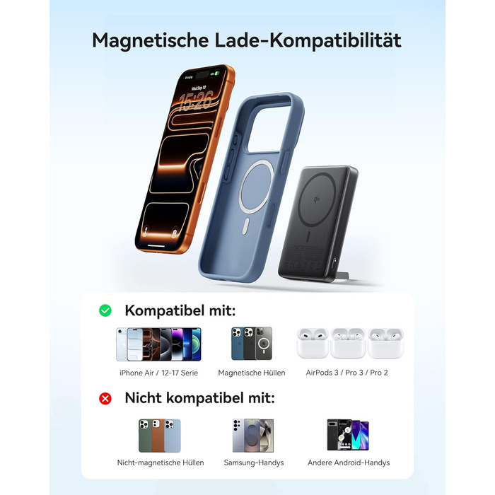 INIU Power Bank Magsafe 10000mAh 45W Qi2, чорний. З кабелем USB-C та підставкою, для iPhone 17/16/15/14/13