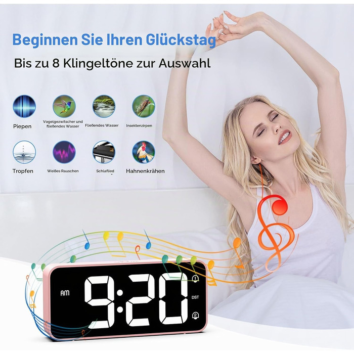 Цифровий LED будильник LATEC з 2 сигналами будильника, функцією Snooze, USB-портом для зарядки, регулюванням яскравості та гучності (90-120 дБ), 8 мелодій, формат 12/24г, мережевий, Рожевий
