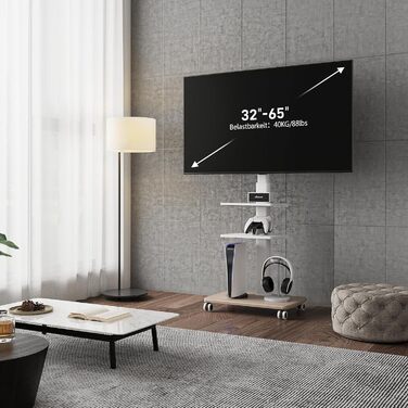 FITUEYES Rolling TV Stand with 3 Shelves - Mobile TV Stand for 32-70 Inch TVs up to 40kg, VESA 400x600, Adjustable & Swivel, White