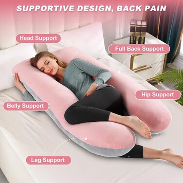 Подушка для вагітних Aevcvok U-подібної форми, подушка для годування, підтримуюча подушка, 140x70 см (Рожевий & Сірий, велюр)