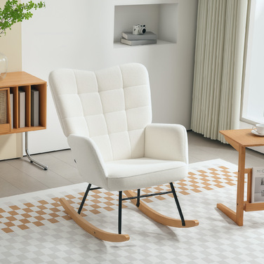 HOMCOM Rocking Chair, Rocking Armchair with Berber Fleece Look, Armrests, Padded Armchair with Wooden Runners, Reclining Chair for Living Room, Bedroom, Holds up to 120kg, White | Aosom