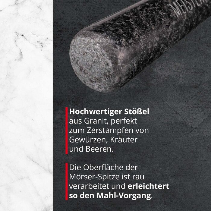 Гранітний ступка з толуштою Meisterkoch XXL для спецій, 3,5 кг, 15 см Ø, 450 мл, чорний колір