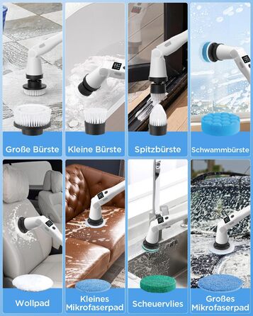 Електрична щітка для прибирання з 8 насадок, 3 швидкості, IP65 водостійка, регульована ручка, акумуляторна щітка для ванної, кухні, плитки, душу та кутів (біла)