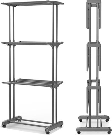 Воніа - багаторівнева сушилка для білизни на колесах, білий металевий стійка, 3 яруси, 6 відкидних крил, 72 x 50 x 172 см, економна, мобільна та стабільна для внутрішнього та зовнішнього використання