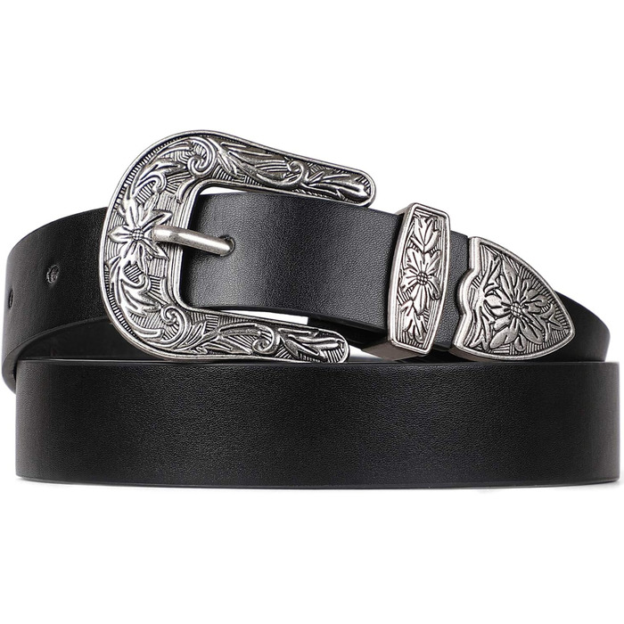 Жіночий шкіряний ремінь JasGood для джинсів та штанів, вінтажний стиль, колір чорний, розмір M (110 см)