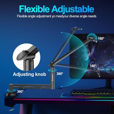 Низькопрофільний мікрофонний важіль, міцний тримач для мікрофону з кріпленням до столу 7 см, адаптери 3/8' та 5/8', для Blue Yeti, подкастів, геймінгу, вантажопідйомність до 2 кг, чорний