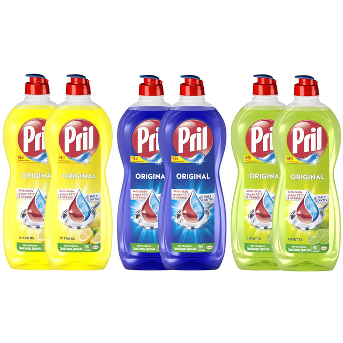 Набір засобів для миття посуду PRIL Original (Лайм, Лимон, Оригінал), 6 шт по 675 мл, висока жиророзчинна дія